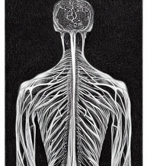 Prompt: the human nervous system. black and white drawing, in the style of greg rutkowski, fantasy, amazing detail, epic, intricate, elegant, smooth, sharp focus