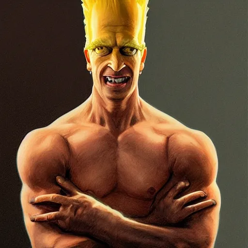 Prompt: portrait of bart simpson as a real human, soft hair, muscular, half body, leather, hairy, d & d, fantasy, intricate, elegant, highly detailed, digital painting, artstation, concept art, smooth, sharp focus, illustration, art by artgerm and greg rutkowski and alphonse mucha