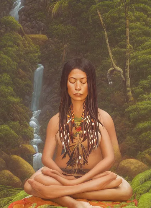 Prompt: a realistic painting of an indigenous woman meditating near a river in the amazon jungle, highly detailed, trending on devian art, art by christophe vacher