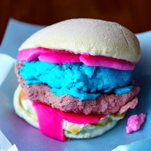 Image similar to a cotton candy burger. cyan and pink.