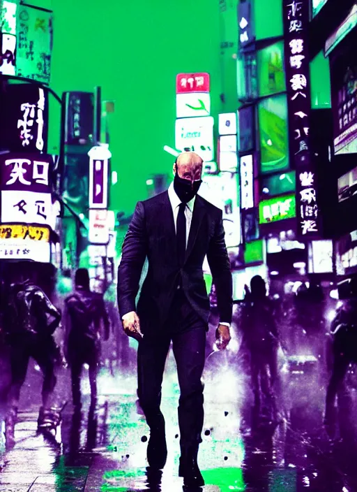 Image similar to jason statham as masked jaguar god walking in shinjuku, green and purple hour by ismail inceoglu