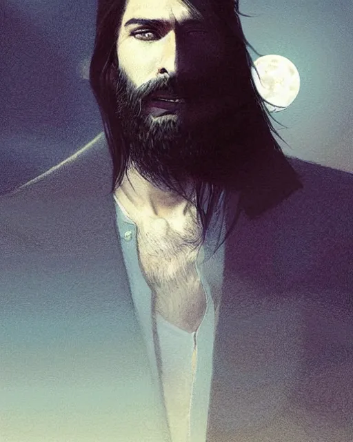 Image similar to portrait of a man with long black hair and beard holding a bird, full moon in the background, fine portrait, beautiful, concept art, by greg rutkowski, by jean delville