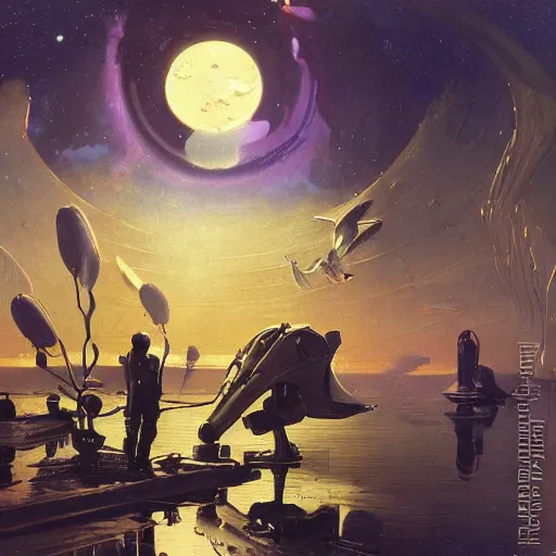 Image similar to painting of syd mead artlilery scifi organic shaped astronaut with ornate metal work lands on a pond with swans, fossil ornaments, volumetric lights, purple sun, andreas achenbach