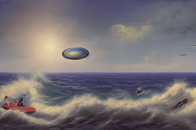 Image similar to two flying saucers battling over the ocean. high detailed oil painting. dramatic.