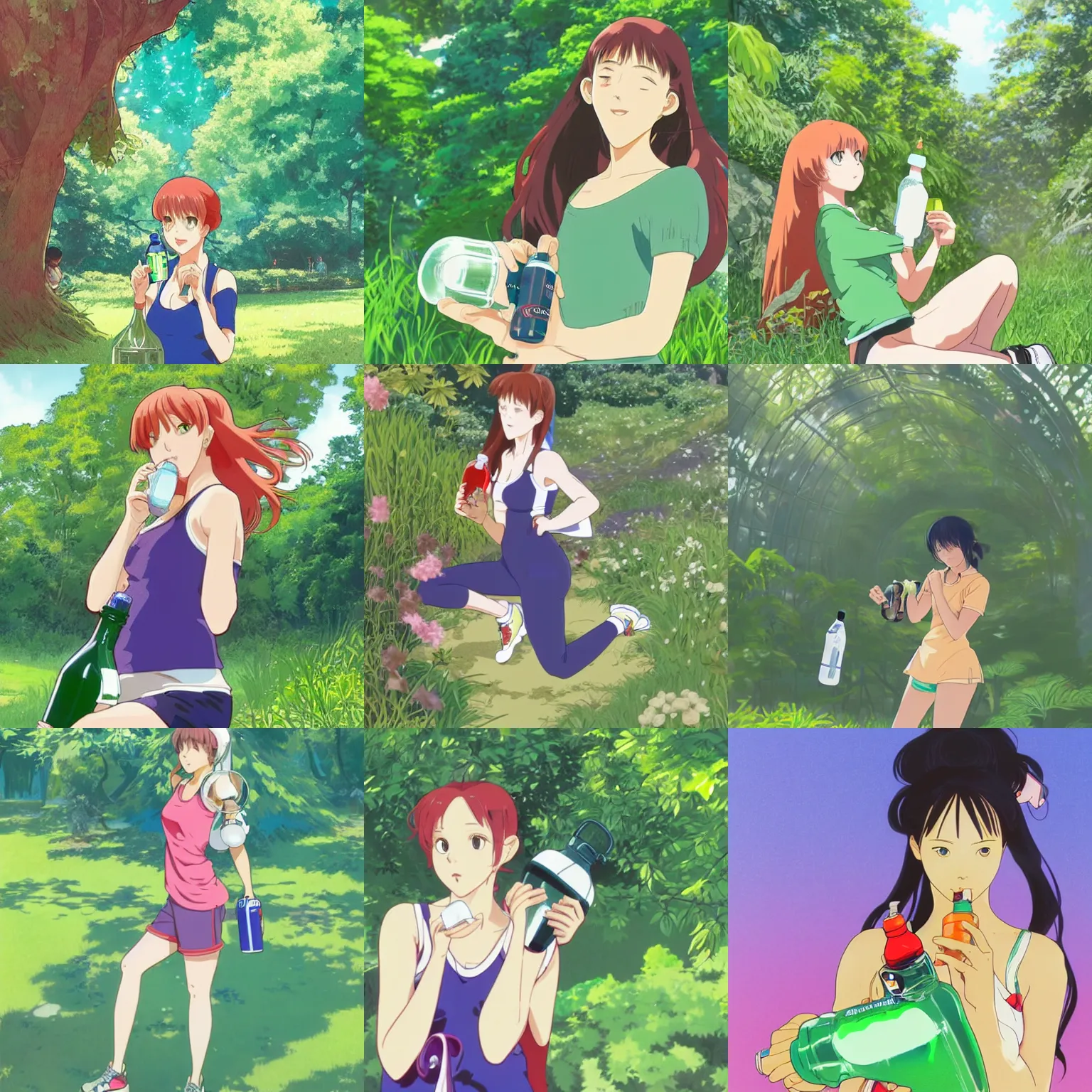 Prompt: Full body portrait of a woman wearing sportswear drinking from a water bottle in a lush green park, detailed, artstation, by Kyoto Animation and Studio Ghibli and GAINAX and Alphonse Mucha