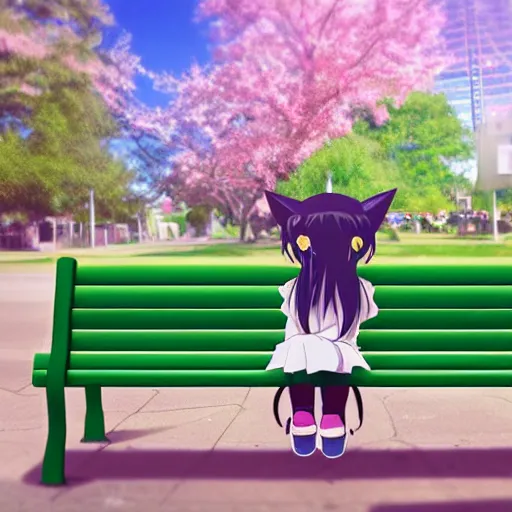 Image similar to 3 d photo of an anime girl with cat ears and long hair looking to her side, sitting on a bench with a park behind her, bokeh, shader, anime art style, highly detailed, cel - shaded, colorful, animated, trending