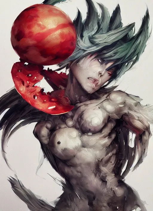 Image similar to semi reallistic gouache gesture painting, by yoshitaka amano, by ruan jia, by Conrad roset, by dofus online artists, detailed anime 3d render watermelon monster, watermelon terrible monster, antrophomorfic watermelon, portrait, cgsociety, artstation, rococo mechanical, Digital reality, sf5 ink style, dieselpunk atmosphere, gesture drawn