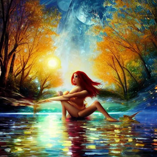 Image similar to redhead beautiful girl bathing in a river, night, moonlight, plus ultra cryengine render by android jones, james christensen, rob gonsalves, leonid afremov and tim white