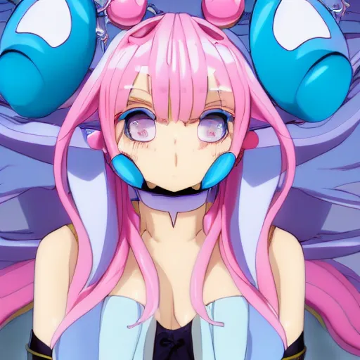 Image similar to viewed from frog's perspective, stunningly beautiful omnipotent megalomaniacal anime goddess with porcelain skin, pink twintail hair and mesmerizing cyan eyes, symmetrical perfect face smiling in a mischievous, devious and haughty way while looking down upon the viewer, mid view, hyperdetailed, 2 d, 8 k