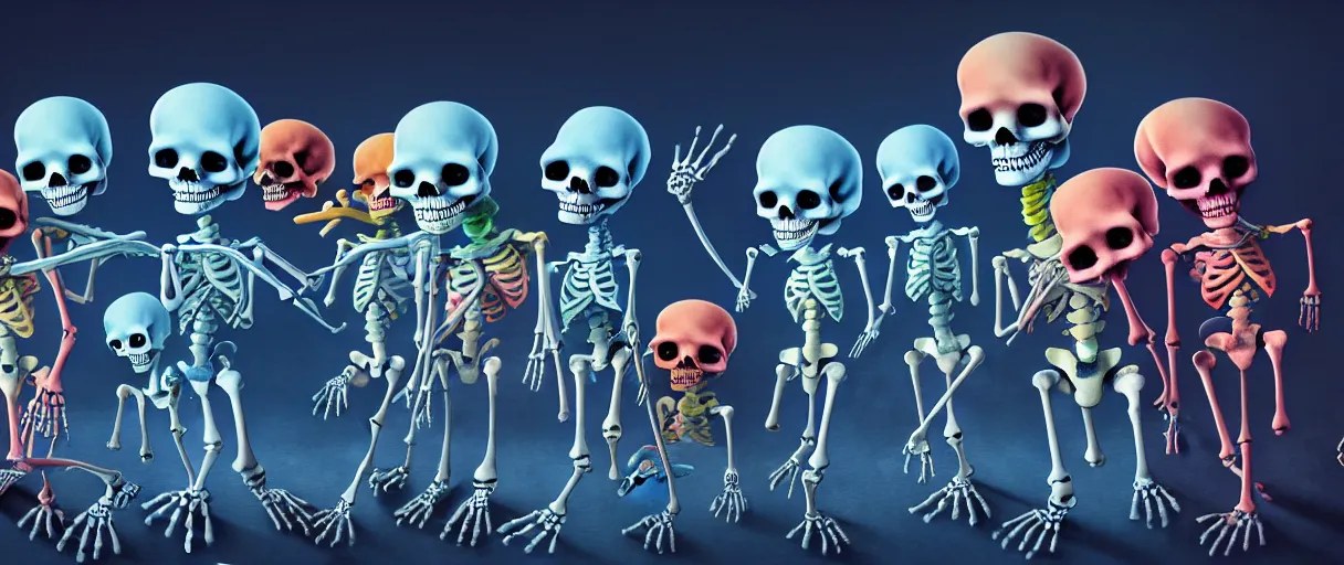 Image similar to hyperrealistic very cute multicolored skeletons mixing bones jason limon concept art dramatic blue lighting wide angle hd 8k sharp shallow depth of field