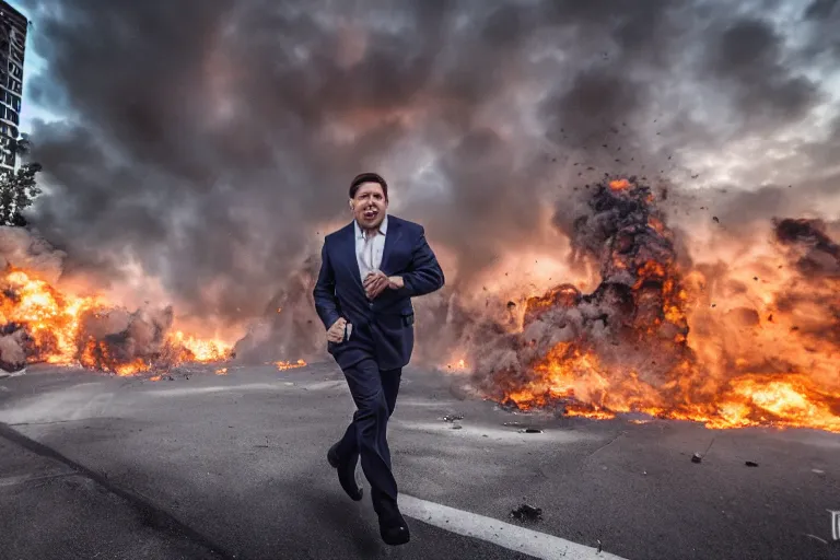 Image similar to ron desantis running from an explosion in the background, medium long shot, cinematic, 2 0 mm lens, photograph