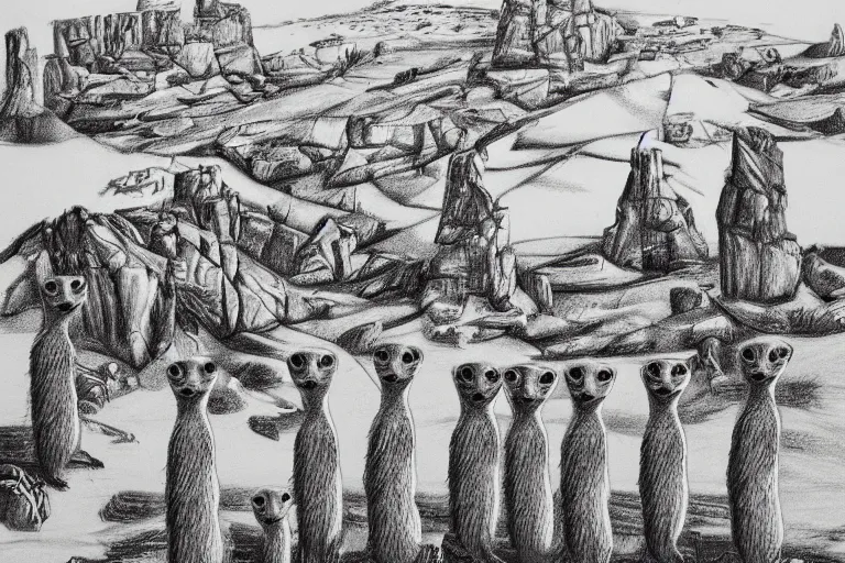 Image similar to abstract landscape pencil drawing art of meercat family towering over tiny xhosa villages. award winning abstract surrealism by william kentridge and escher.