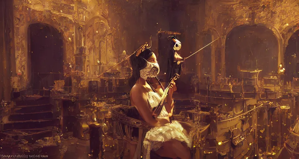 Prompt: craig mullins and ghibli digital art of on the stage of the theater, a masked female violinist performs alone, dressed in exotic costumes, gold jewelry, and black hair realistic shading, cinematic composition, realistic render, octane render, detailed textures, photorealistic, wide shot