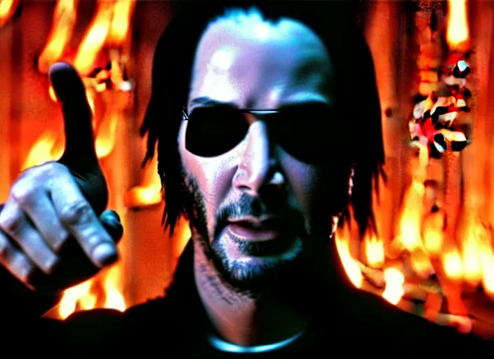 Image similar to Movie still of Keanu Reeves as Neo in The Matrix movie doing a thumb up to the camera in front on burning servers, servers in flames in the background, doing a thumb up, The Matrix servers on fire, Keanu Reeves thumb up, Neo thumb up, doing a thumb up, thumb up, uncropped, full body, crispy, symmetrical face, ultra detailed, cinematic, thumb up, double thumb up to the camera