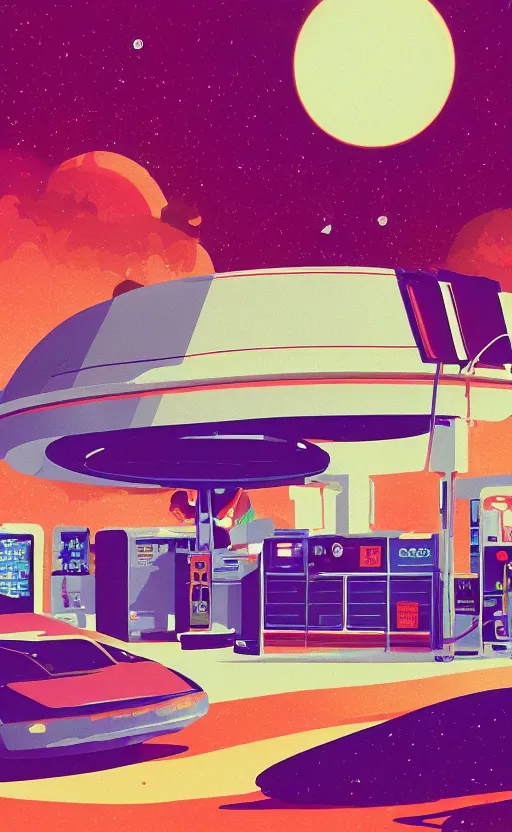 Image similar to spaceship in a gas station in space, sharp focus, james gilleard, sci - fi, print, risograph, cinematic, game art