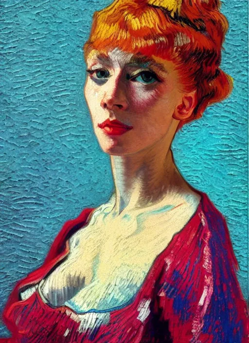 Image similar to !! portrait of a beautiful parisian dancer!!, detailed face, symmetrical painting, beautiful expressionist oil painting masterpiece, 8 k resolution, by van gogh, smooth, sharp focus, pastel color palette, trending on artstation