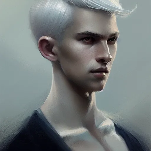 Prompt: young boy, white hair, gorgeous, amazing, feminine, elegant, intricate, highly detailed, digital painting, artstation, concept art, sharp focus, illustration, art by WLOP and greg rutkowski