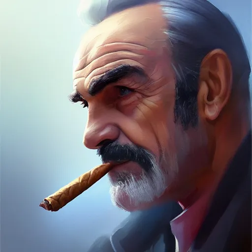 Prompt: portrait of sean connery smoking a cigar, 4 k, concept art, by wlop, ilya kuvshinov, artgerm, krenz cushart, greg rutkowski, pixiv. cinematic dramatic atmosphere, sharp focus, volumetric lighting, cinematic lighting, studio quality