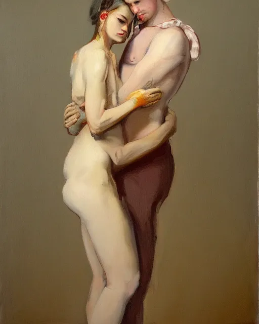 Prompt: a painting of a man holding a woman in his arms by pascal blanche, trending on deviantart, transgressive art, flemish baroque, furaffinity, renaissance painting