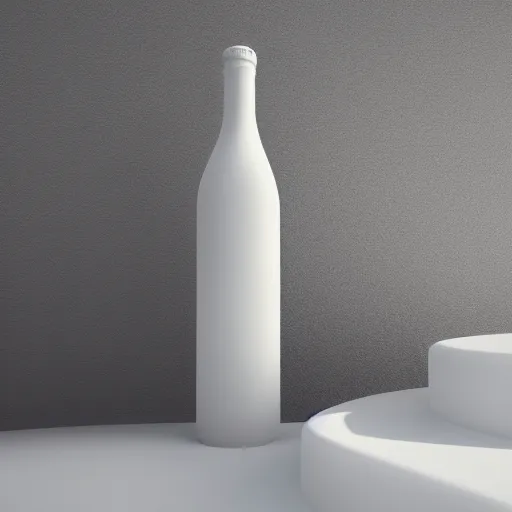 Image similar to frosted wine bottle standing on a white zen clean modern minimalist white yatch in front of large circular portal with frosted mountain view, frozen and covered in ice, by peter tarka and zaha hadid octane highly render, 4 k, ultra hd,