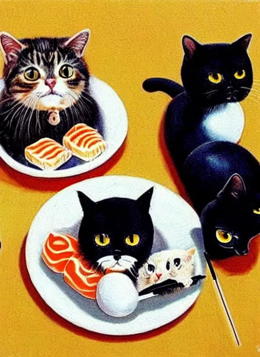 Image similar to clear surrealist painting of adorable cats made out of sushi