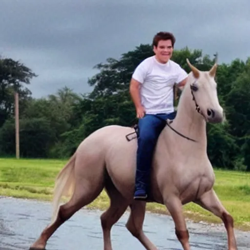 Image similar to ctuhulhus and tom cruises son riding an unicorn