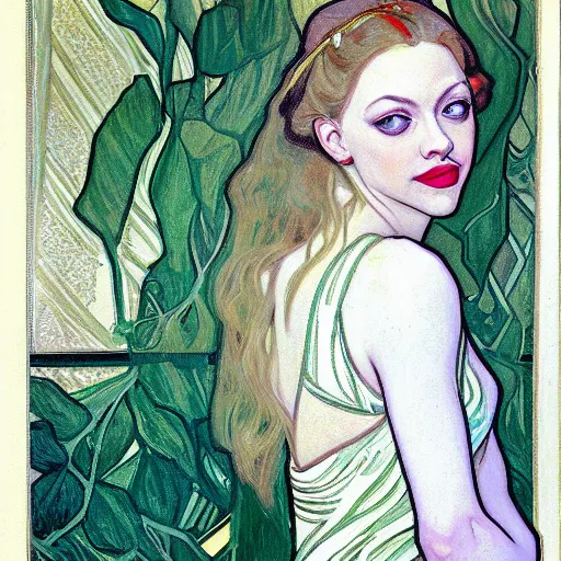 Prompt: painting of casual amanda seyfried sitting at the cucumber soup party, elegant, clear, painting, stylized, art, art by alphonse mucha, vincent van gogh, egon schiele,