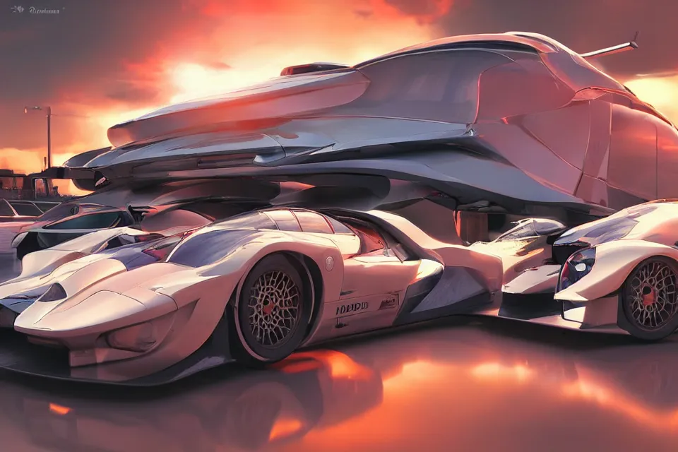 Prompt: Futuristic Hover Car Le Mans Races In Italy Circa Year 10,0000, Hover Vehicles Designed by Syd Mead and Pininfarina, beautiful sunset, photorealistic, hyperrealistic, octane render, HDR, IG Studios Anime Style