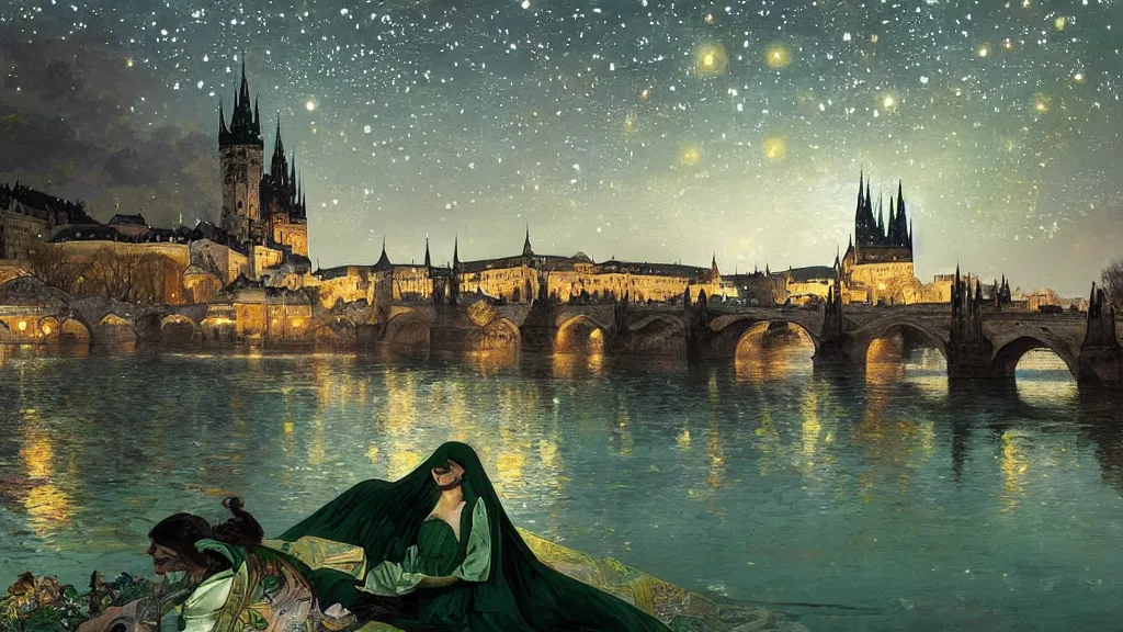 Prompt: a beautiful painting of a view from the river of an arabian prague palace made of green, polished semiprecious malachite marble and jade at night with a sky full of stars, intricate, elegant, highly detailed, digital painting, artstation, concept art, by krenz cushart and artem demura and alphonse mucha