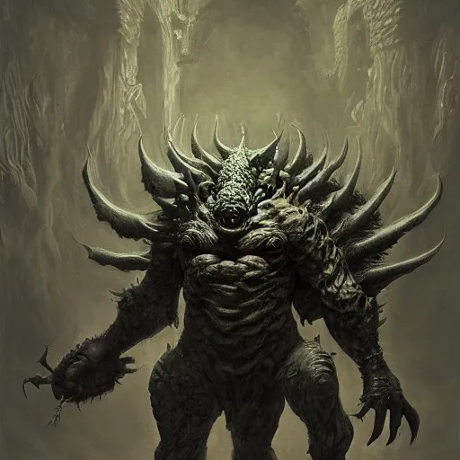 Image similar to concept art of bowser gigantic and demonic with huge horns and scales and talons, resident evil, horror, a painting by beksinski, by ruan jia, by austin osman spare, symbolist painting, mist, volumetric render, digital painting, detailed painting, occult