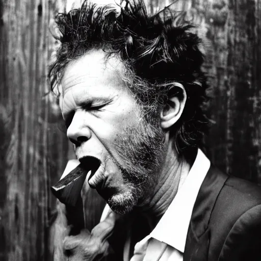 Prompt: tom waits gnawing on a plank of wood, black and white photograph