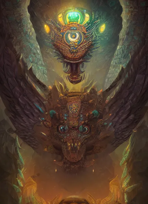 Prompt: a highly detailed illustration of mayan quetzalcoatl, glowing eyes, ancient mayan background, feathers, intricate, epic, highly detailed, centered, digital painting, artstation, concept art, smooth, sharp focus, league of legends concept art, wlop