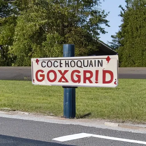 Image similar to a cardboard sign that says gxrch posted at a suburban street corner, photograph