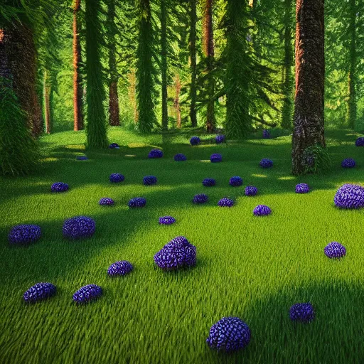 Image similar to artistic render of a scene with detailed blueberry bushes in a nordic forest. Digital art. 4K. Unreal engine. Trending on artstation.