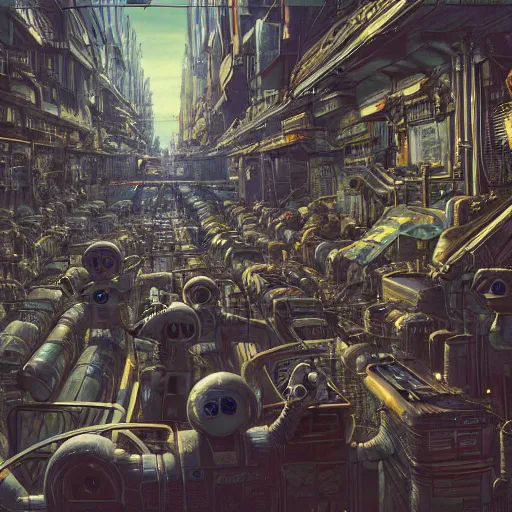 Prompt: highly detailed crowded dense urban used future tenement slum, robots humans and extraterrestrials, inside a crowded space station, jim henson creature shop, 1 9 8 0 s science fiction, 1 9 7 0 s science fiction, alien 1 9 7 9, cyberpunk, 3 d oil painting, depth perception, 4 k, artstation