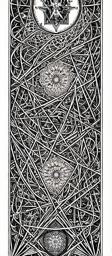 Image similar to a beautiful fractal tarot card featuring bold occult imagery with clean lines. skullpunk. haeckel. detailed adult coloring book