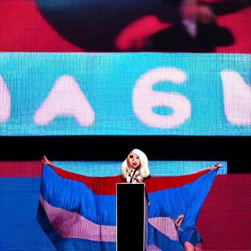 Image similar to Lady Gaga as president, Argentina presidential rally, Argentine flags behind, bokeh, giving a speech, detailed face, Argentina