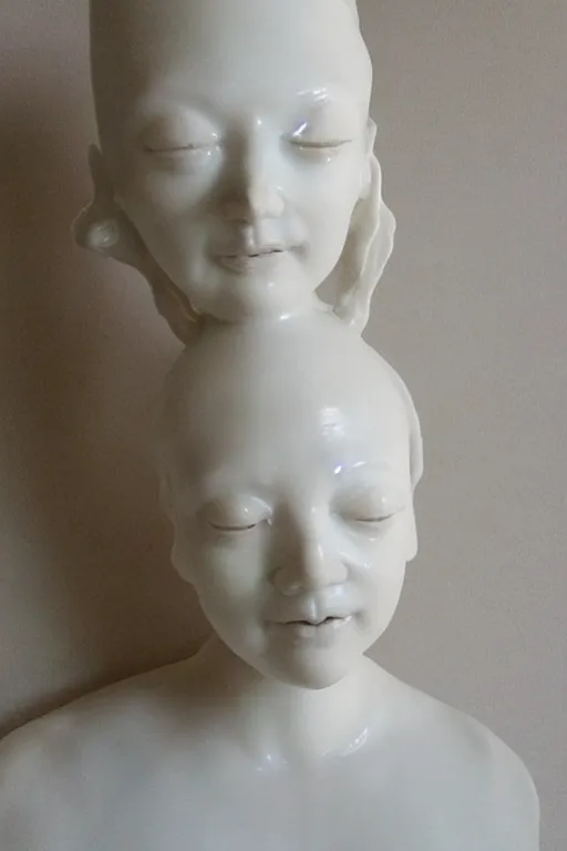 Image similar to full head and shoulders, beautiful female porcelain sculpture, smooth, painted willow tea cup features, delicate facial features, white eyes, white lashes, giant sculpture in ornate french ballroom, by daniel arsham and jeff moons