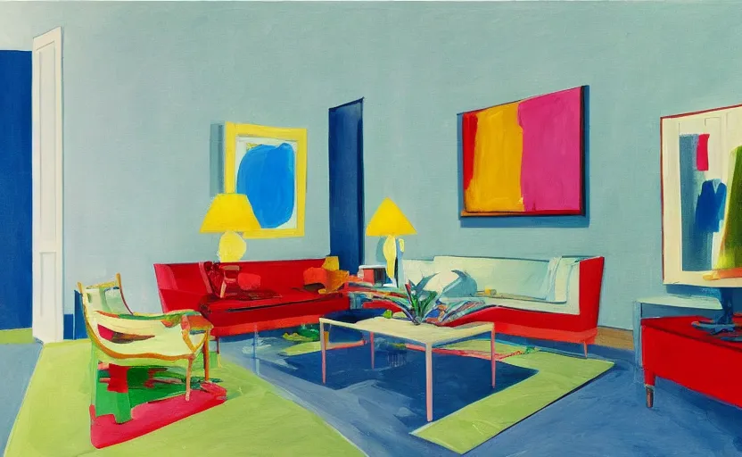 Image similar to Interior shot of a white boujee mansion with modern colorful furniture, very coherent, painted by Edward Hopper, painted by DotPigeon airbrush, art by David Hockney