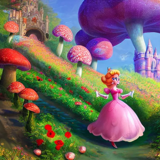 Prompt: portrait of princess peach from Mario, running up a hill of exotic flowers in the Mushroom Kingdom, giant red and white spotted mushrooms, and roses, from behind, Castle in distance, birds in the sky, sunlight and rays of light shining through trees, beautiful, solarpunk!!!, highly detailed, digital painting by Michael Garmash and Peter Mohrbacher