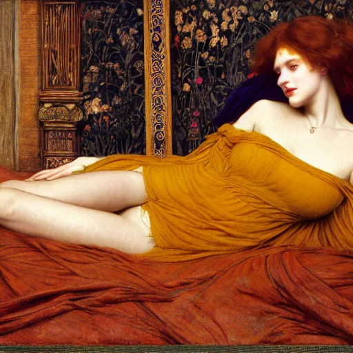 Image similar to preraphaelite photography reclining on bed, a hybrid of judy garland and a hybrid of sappho and eleanor of aquitaine, aged 2 5, big brown fringe, yellow ochre ornate medieval dress, john william waterhouse, kilian eng, rosetti, john everett millais, william holman hunt, william morris, 4 k