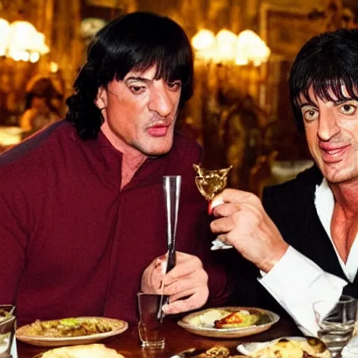 Prompt: lord farquad having a lovely dinner with sylvester stallone