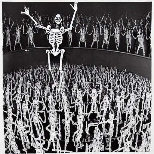 Image similar to photo, a giant crowd of shiny refective black latex claymation skeletons by ray harryhausen dancing inside a colorful underground ussr night club