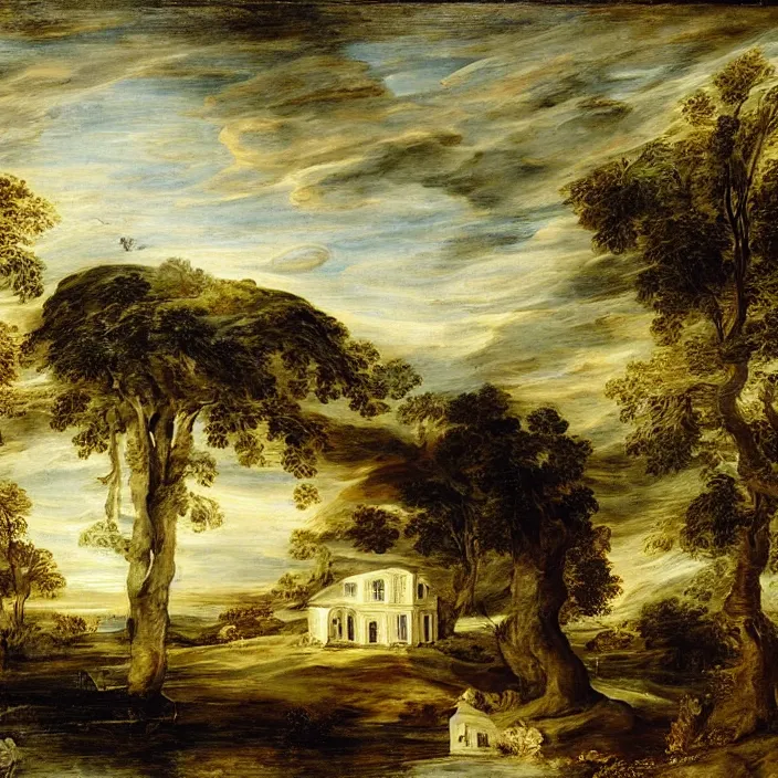 Image similar to a building in a serene landscape, by rubens