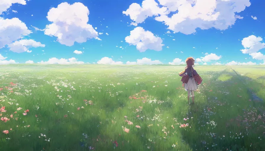 Image similar to a field of beautiful flowers, fluffy white clouds in the blue sky on a beautiful windy day, trending on pixiv fanbox, painted by greg rutkowski makoto shinkai takashi takeuchi studio ghibli