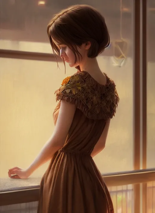 Image similar to a beautiful brown - haired girl with a summer dress in restaurant, intricate, elegant, highly detailed, digital painting, artstation, concept art, smooth, sharp focus, illustration, ethereal, misty, by ilya kuvshinov and jeremy mann, 8 k, octane render