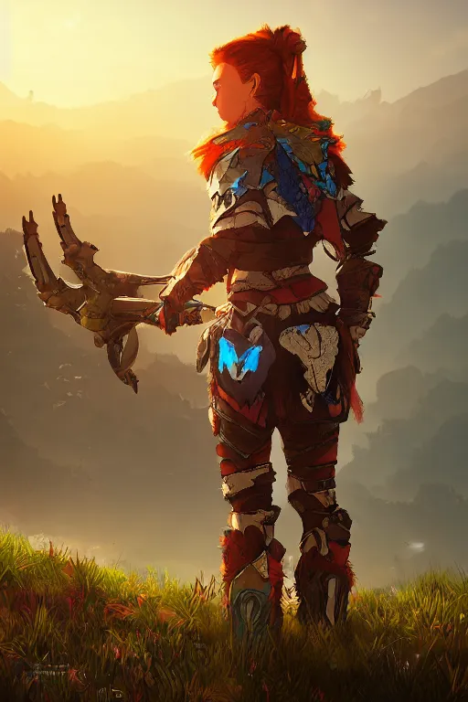 Image similar to combination suit armor aloy horizon forbidden west horizon zero dawn radiating a glowing aura global illumination ray tracing hdr fanart arstation by ian pesty and alena aenami artworks in 4 k tribal robot ninja mask helmet backpack