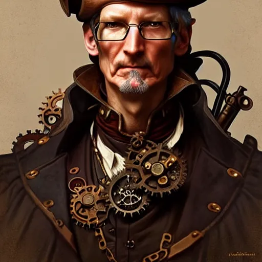 Image similar to steampunk pirate tim cook, fantasy, d & d, intricate, detailed, by by alphonse mucha, adolfo hohenstein, alice russell glenny, stanley artgerm lau, greg rutkowski, detailed, trending on artstation, trending on artstation, smooth