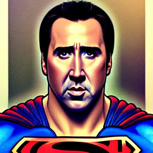 Prompt: upper body portrait of nicolas cage as superman, intricate, elegant, highly detailed, digital painting, artstation, concept art, smooth, sharp focus, illustration, art by artgerm and greg rutkowski and alphonse mucha, award winning, 8 k