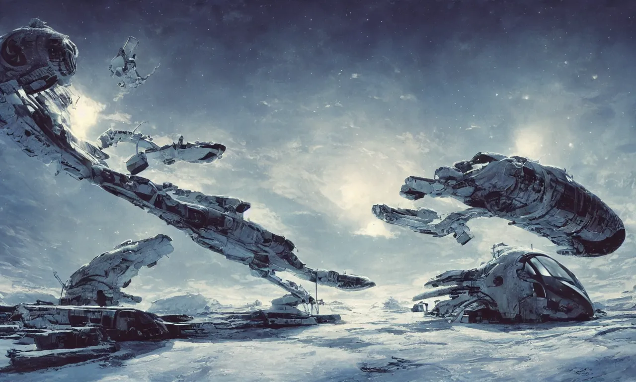 Image similar to remains of a derelict spaceship covered in snow on a frozen alien world, science-fiction, cinematic lighting, cinematic angle, Syd Mead, Federico Pelat, daylight, blue sky, spaceship in the sky